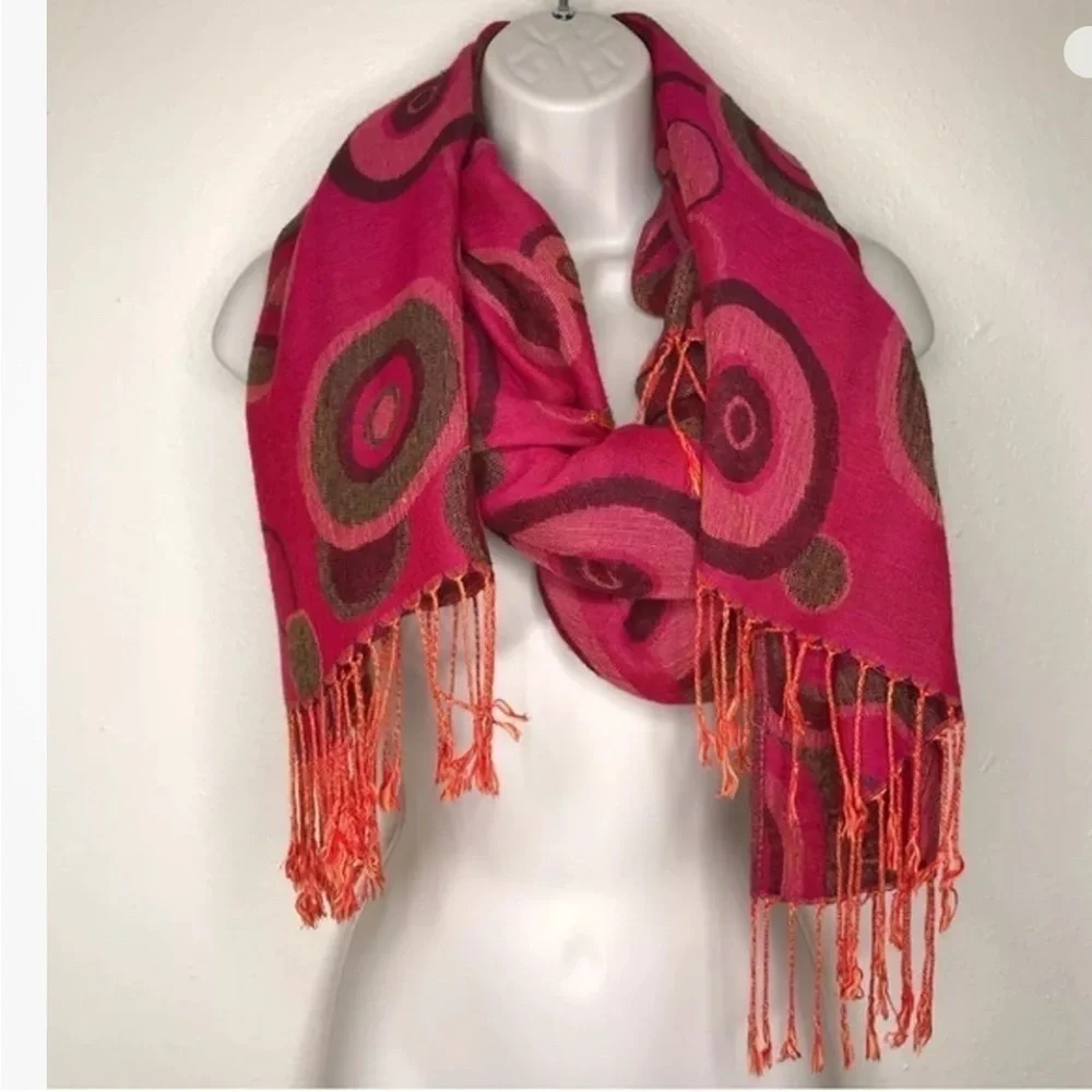 Pashmina silk Reversible Circle Dots‎ fringed pink brown Gold Scarf Approx 69x27
